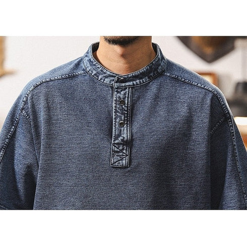 インディゴウォッシュスタンドカラー半袖Tシャツ P1971