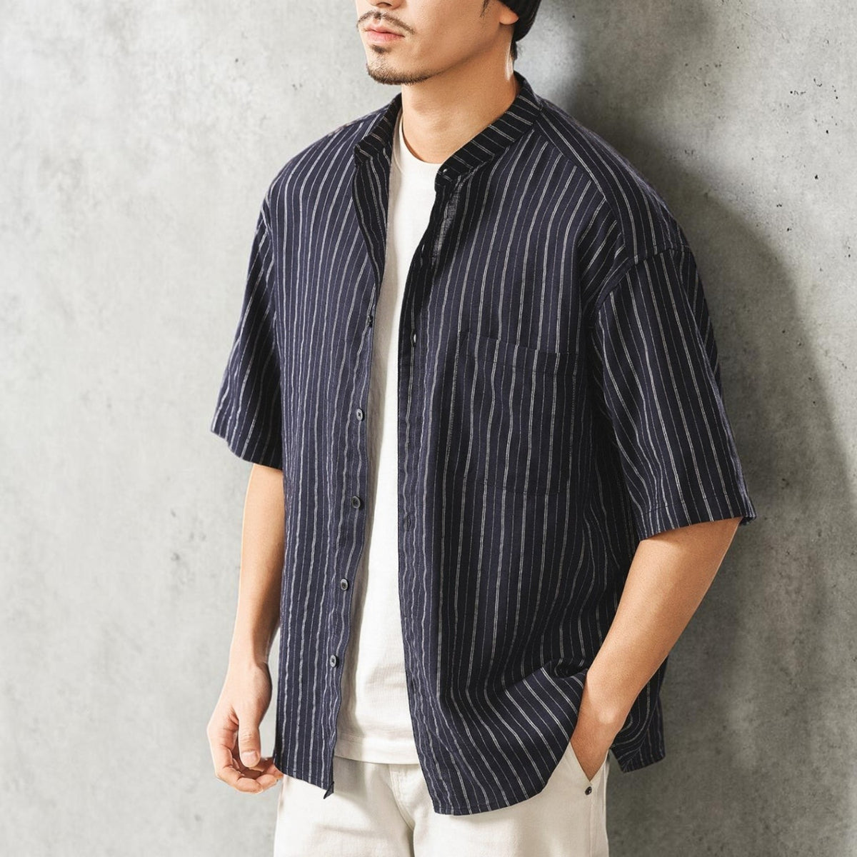ネイビーストライプスタンドカラー半袖シャツ P2052 – PEAK BLUE