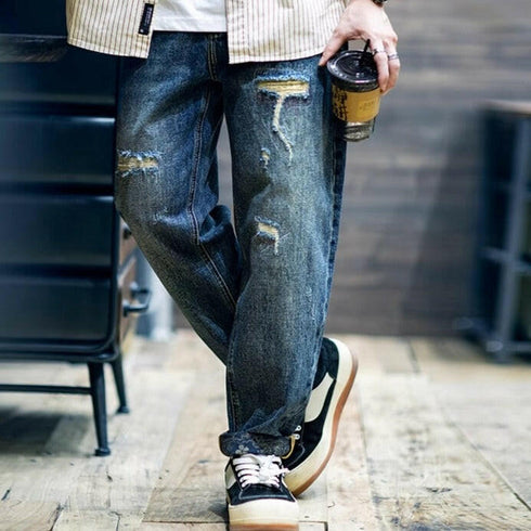 Broken Hole Loose Straight Jeans P0455