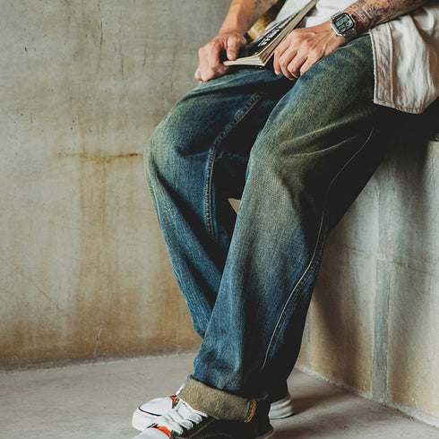 Vintage Wash Smile Embroidery Wide Denim Pants P1973