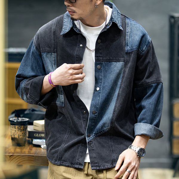 American Spliced Long-sleeved Denim Shirt P0794