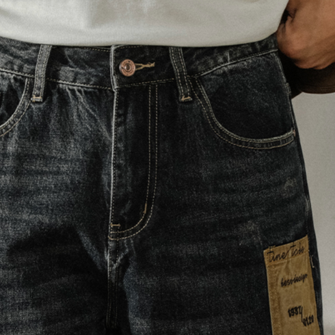 【OUTLET/即納】カーキパッチストレートデニムパンツ P0820