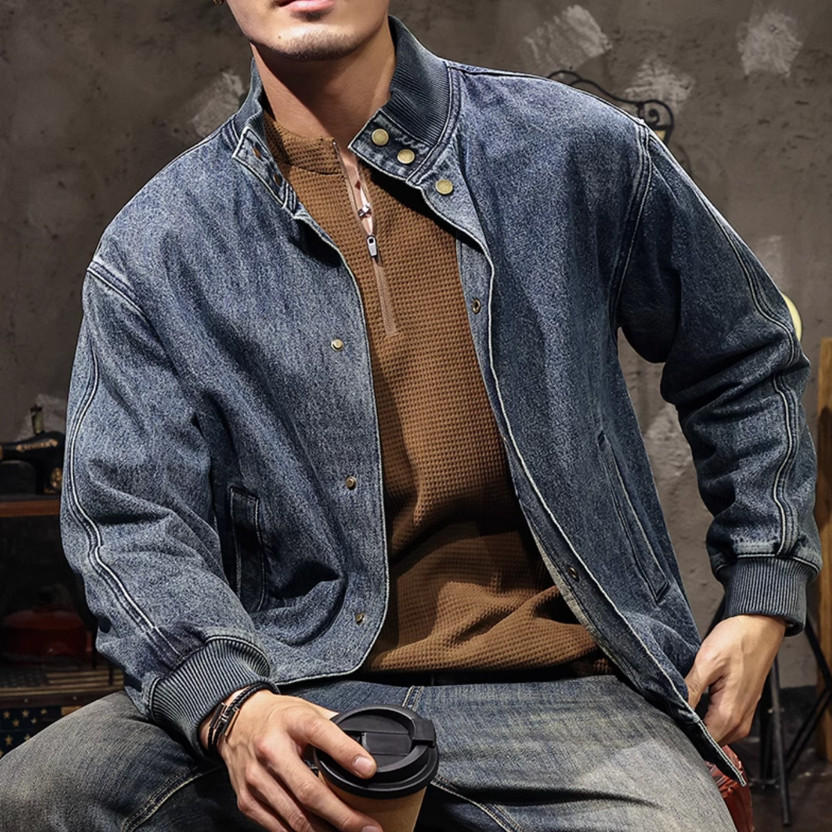 Denim Retro Distressed Motorcycle Jacket P1205 – PEAK BLUE (ピーク