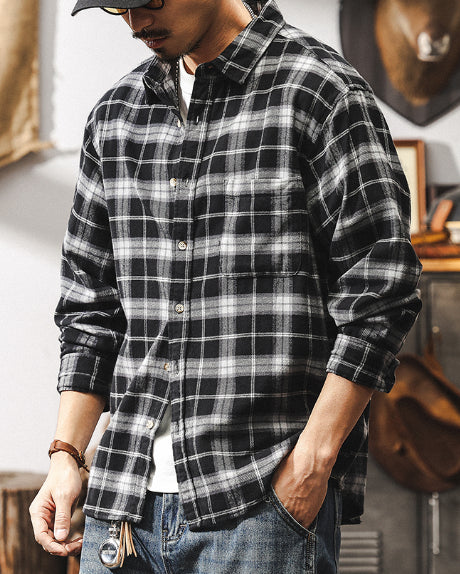 Faded Plaid Long Sleeve Cotton Shirt P1316