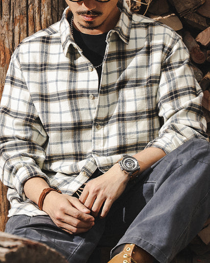 Faded Plaid Long Sleeve Cotton Shirt P1316