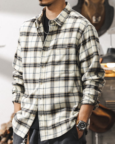 Faded Plaid Long Sleeve Cotton Shirt P1316