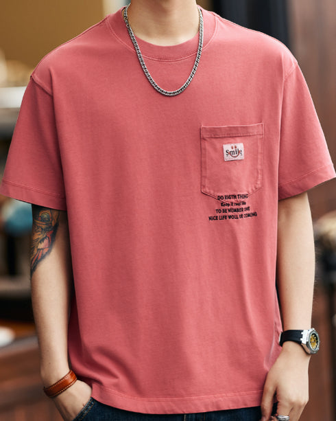 Letter Patch Pocket Logo Embroidery Short Sleeve T-Shirt P1365