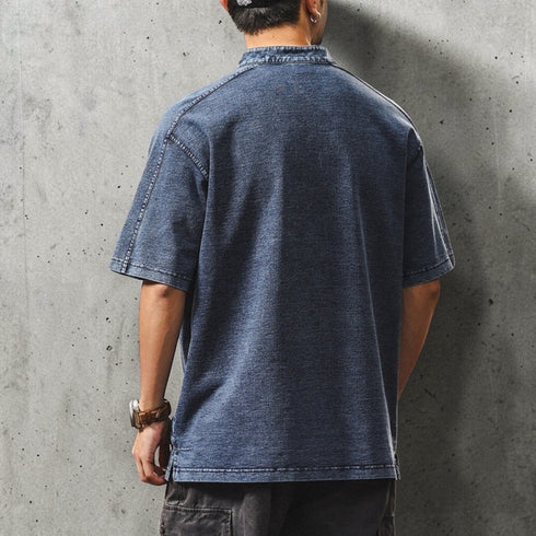 インディゴウォッシュスタンドカラー半袖Tシャツ P1971