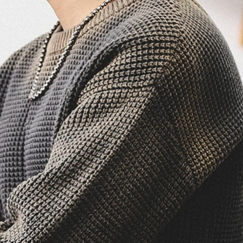 Waffle Texture Crew Neck Knit Sweater P1648