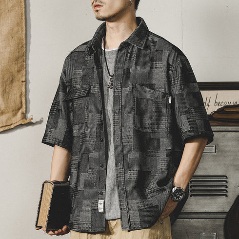 Plaid Denim Shirt Short-sleeved P0985