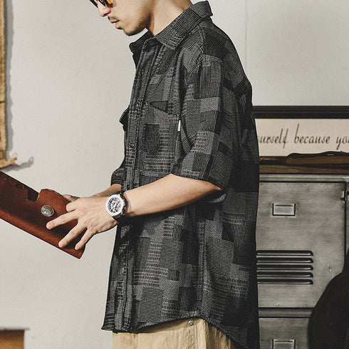 Plaid Denim Shirt Short-sleeved P0985