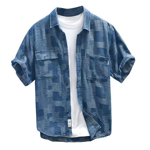 Plaid Denim Shirt Short-sleeved P0985