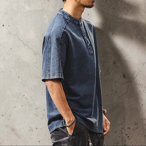 インディゴウォッシュスタンドカラー半袖Tシャツ P1971