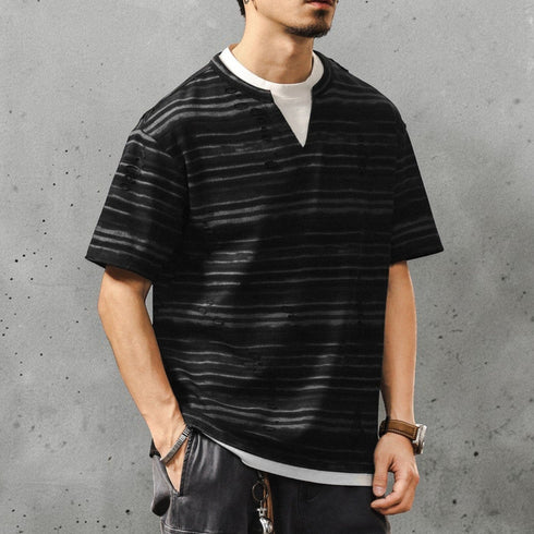 ダメージボーダーキーネック半袖Tシャツ P2005