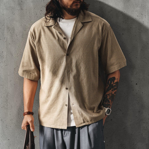 ストライプオープンカラー半袖シャツ P2039