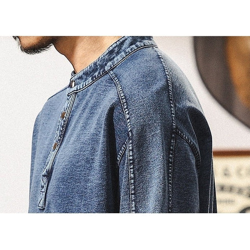 インディゴウォッシュスタンドカラー半袖Tシャツ P1971