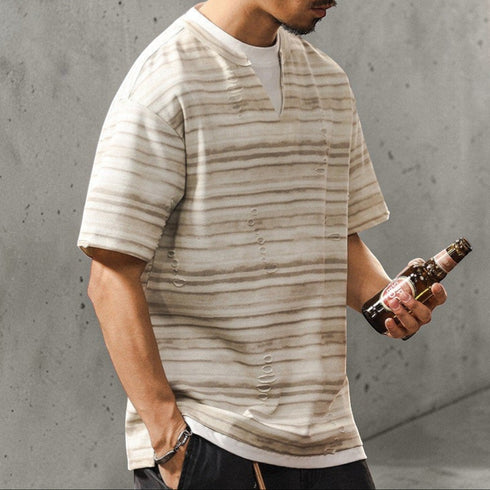 ダメージボーダーキーネック半袖Tシャツ P2005