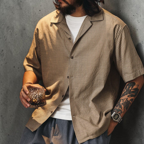 ストライプオープンカラー半袖シャツ P2039