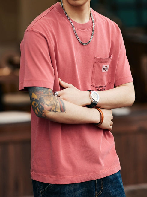 Letter Patch Pocket Logo Embroidery Short Sleeve T-Shirt P1365