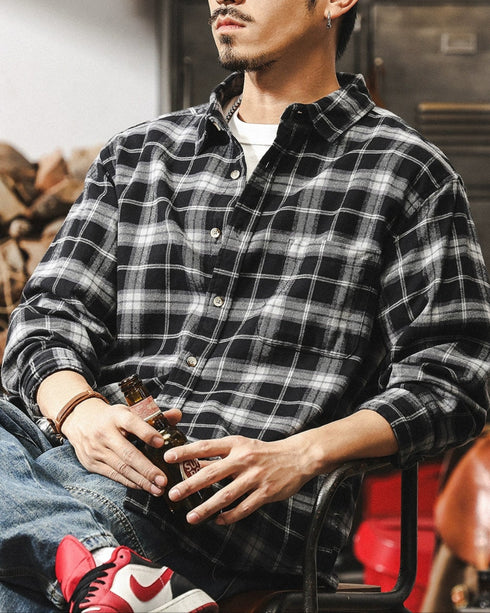Faded Plaid Long Sleeve Cotton Shirt P1316