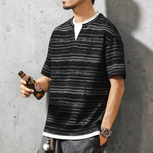 ダメージボーダーキーネック半袖Tシャツ P2005