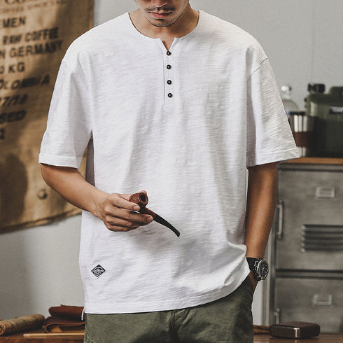 Henry Collar Short-sleeved Simple T-shirt P0966