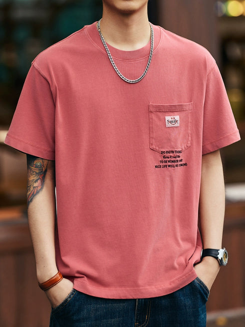 Letter Patch Pocket Logo Embroidery Short Sleeve T-Shirt P1365