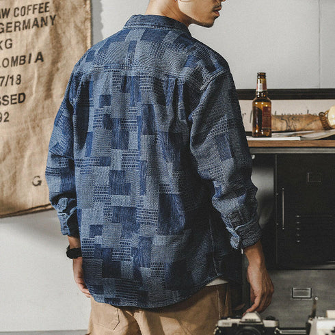 【OUTLET/即納】ブロックパターンデニムワーク長袖シャツ P0087