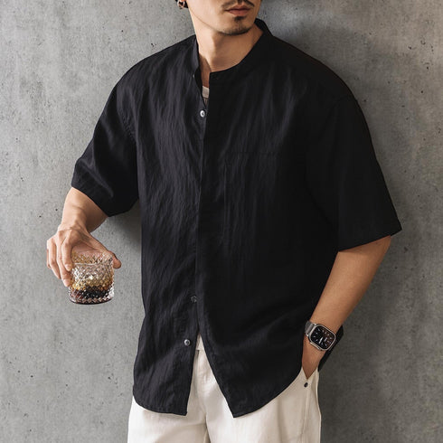 【OUTLET/即納】ノーカラーボタンフロント半袖シャツ P2058