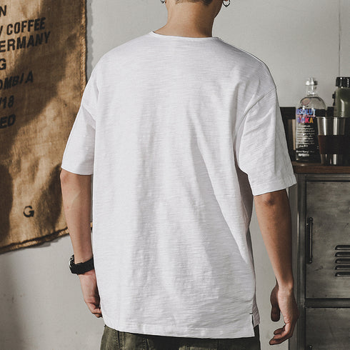 Henry Collar Short-sleeved Simple T-shirt P0966