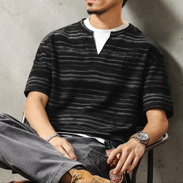 ダメージボーダーキーネック半袖Tシャツ P2005