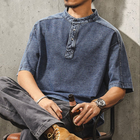 インディゴウォッシュスタンドカラー半袖Tシャツ P1971