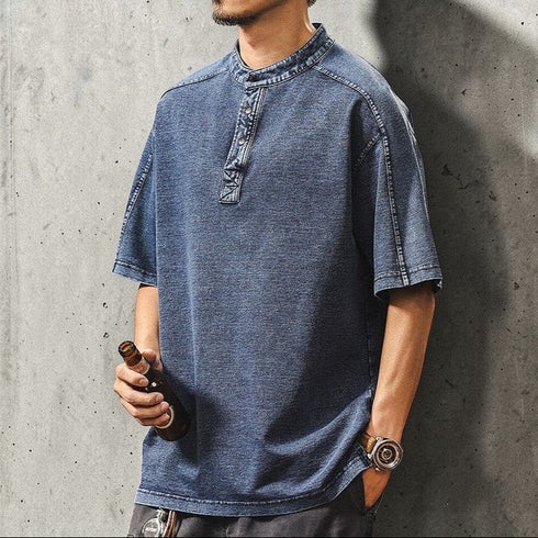 インディゴウォッシュスタンドカラー半袖Tシャツ P1971