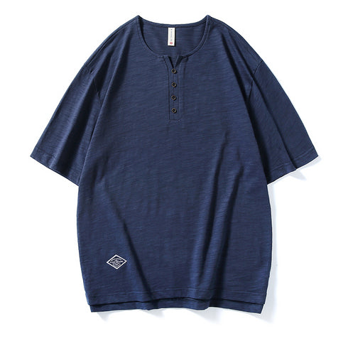 Henry Collar Short-sleeved Simple T-shirt P0966