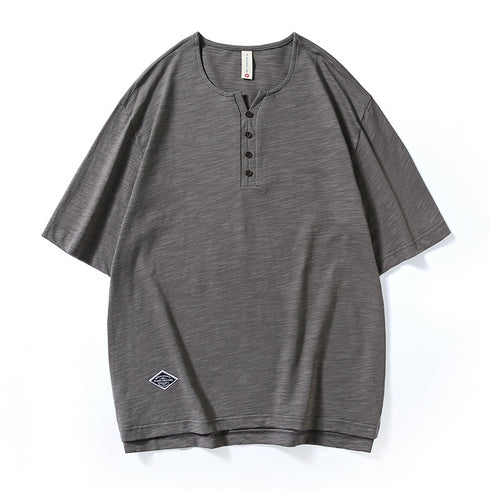 Henry Collar Short-sleeved Simple T-shirt P0966