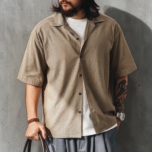 ストライプオープンカラー半袖シャツ P2039