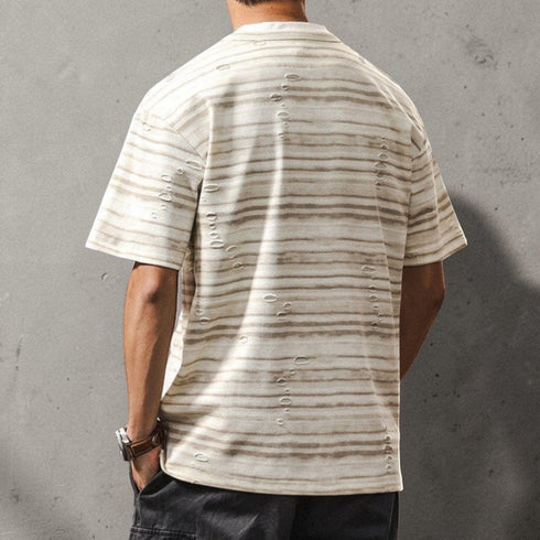 ダメージボーダーキーネック半袖Tシャツ P2005