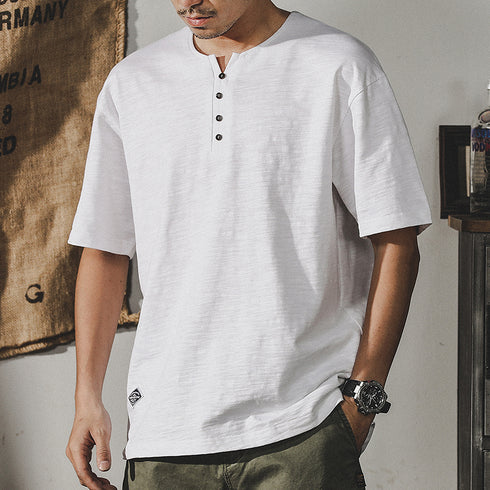 Henry Collar Short-sleeved Simple T-shirt P0966