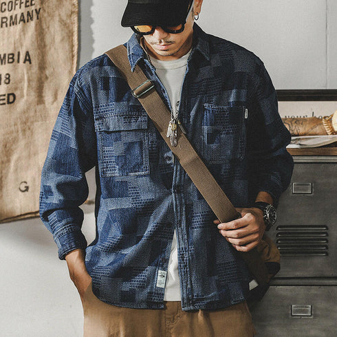 【OUTLET/即納】ブロックパターンデニムワーク長袖シャツ P0087