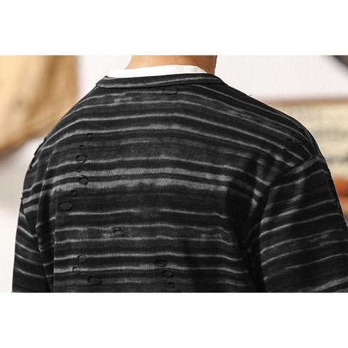 ダメージボーダーキーネック半袖Tシャツ P2005