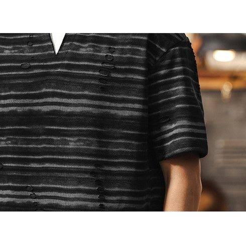 ダメージボーダーキーネック半袖Tシャツ P2005