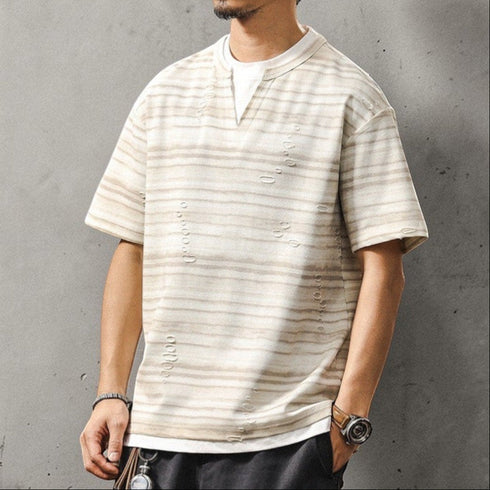 ダメージボーダーキーネック半袖Tシャツ P2005