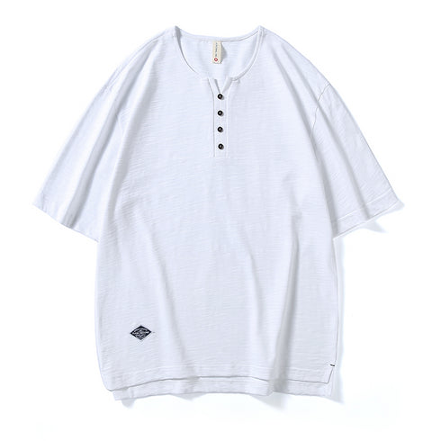 Henry Collar Short-sleeved Simple T-shirt P0966