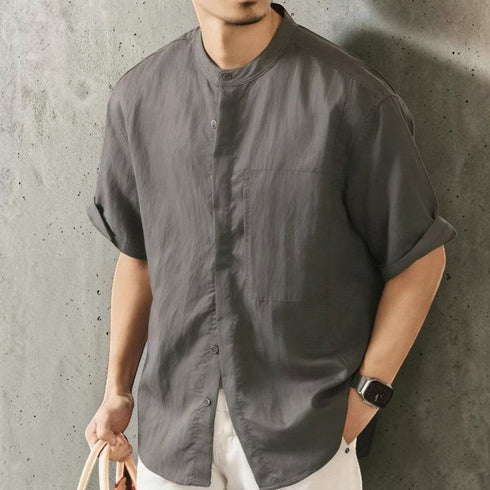 【OUTLET/即納】ノーカラーボタンフロント半袖シャツ P2058