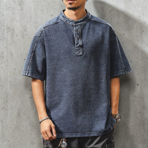 インディゴウォッシュスタンドカラー半袖Tシャツ P1971