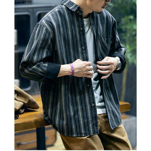 Striped Long-Sleeved Loose Shirt P0377