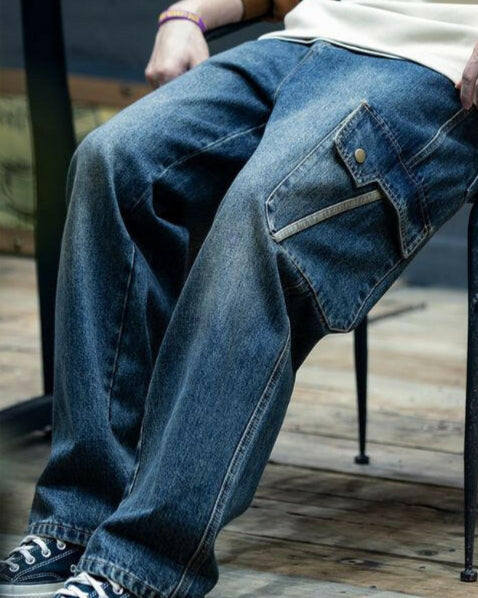 Side Flap Work Detail Denim Jeans P0381