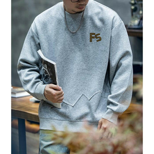 Patch Embroidery Loose Long Sleeve Round Neck Splicing T-shirt P0420