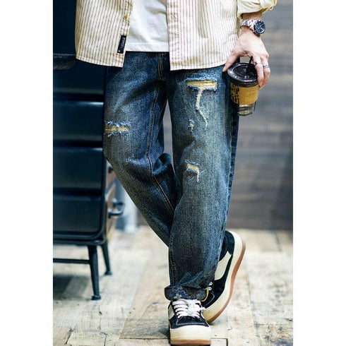 Broken Hole Loose Straight Jeans P0455