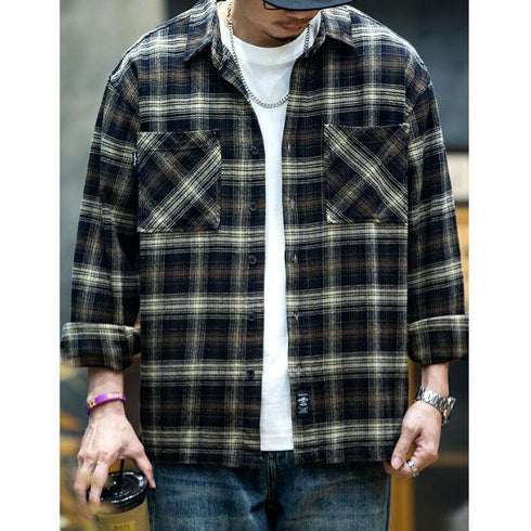 American Retro Long-sleeved Plaid Shirt P0449